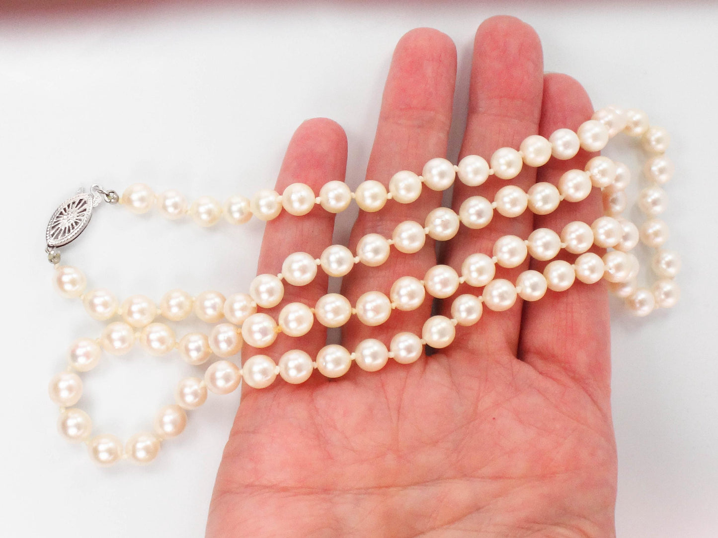 Vintage 14k White Gold Cultured Pearl Necklace: Bridal Jewelry, 6 MM, 24.25"