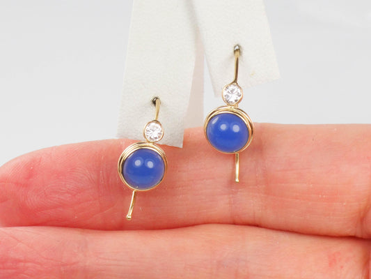Vintage14k Yellow Gold Blue Cabachon and CZ Dangle Earrings