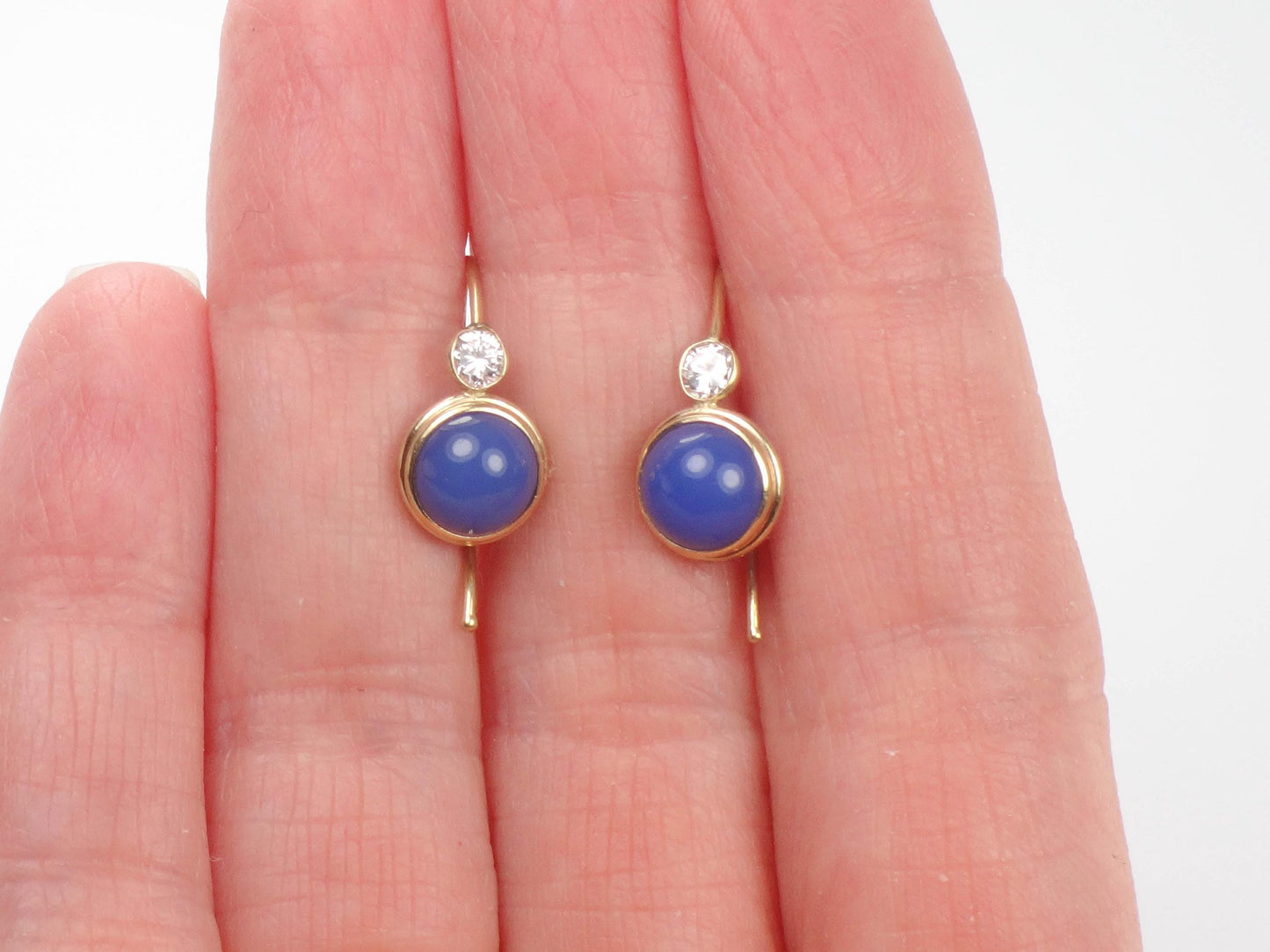 Vintage14k Yellow Gold Blue Cabachon and CZ Dangle Earrings