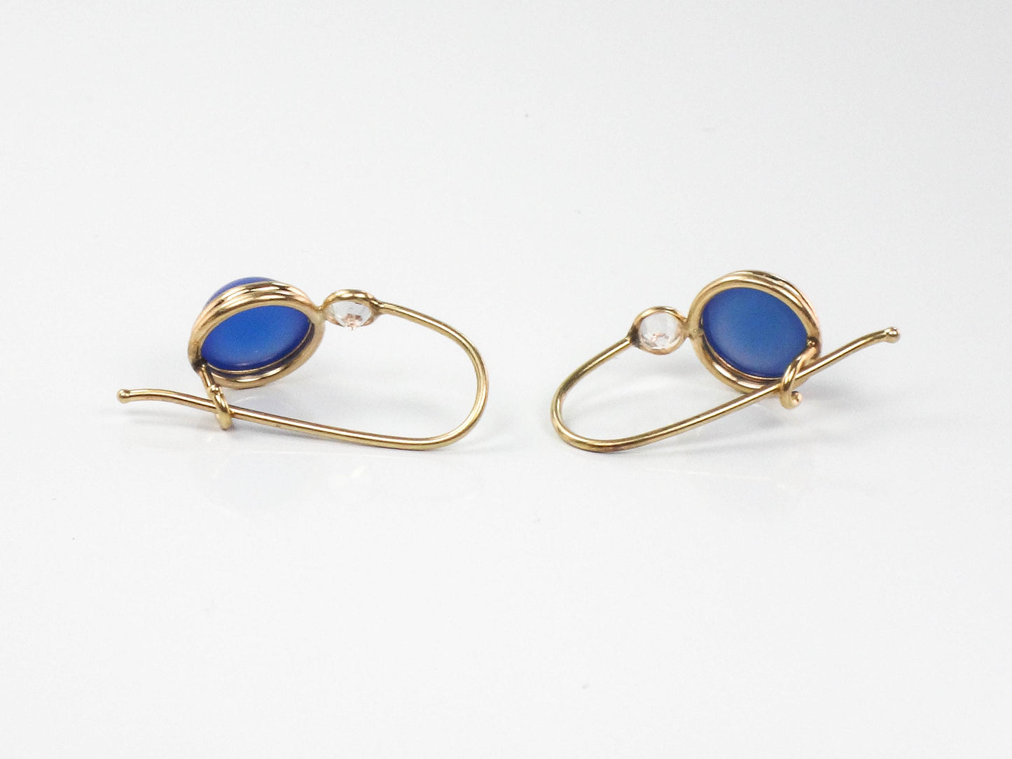Vintage14k Yellow Gold Blue Cabachon and CZ Dangle Earrings