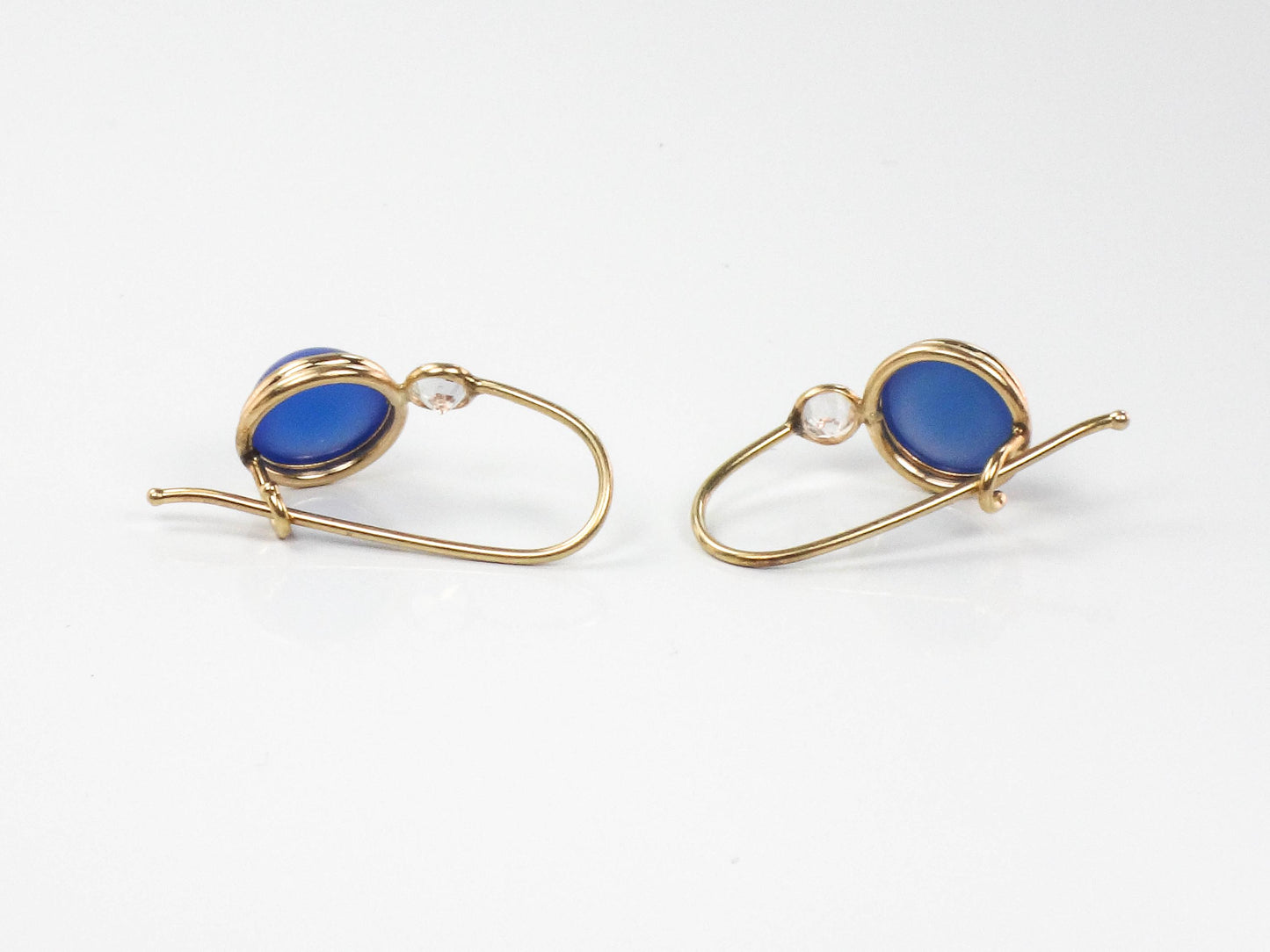 Vintage14k Yellow Gold Blue Cabachon and CZ Dangle Earrings