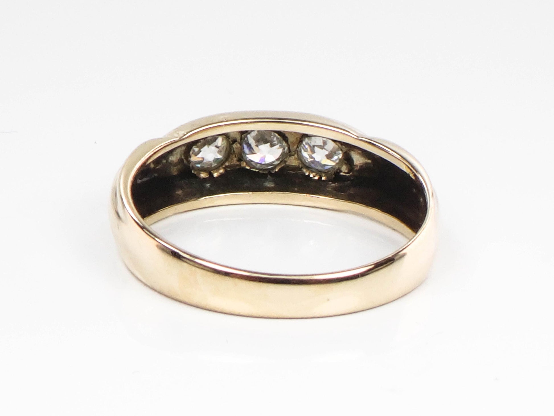 Vintage Art Deco 14k Gold Diamond Ring: Three Old Mine Cuts, 1930s, Size 8.75