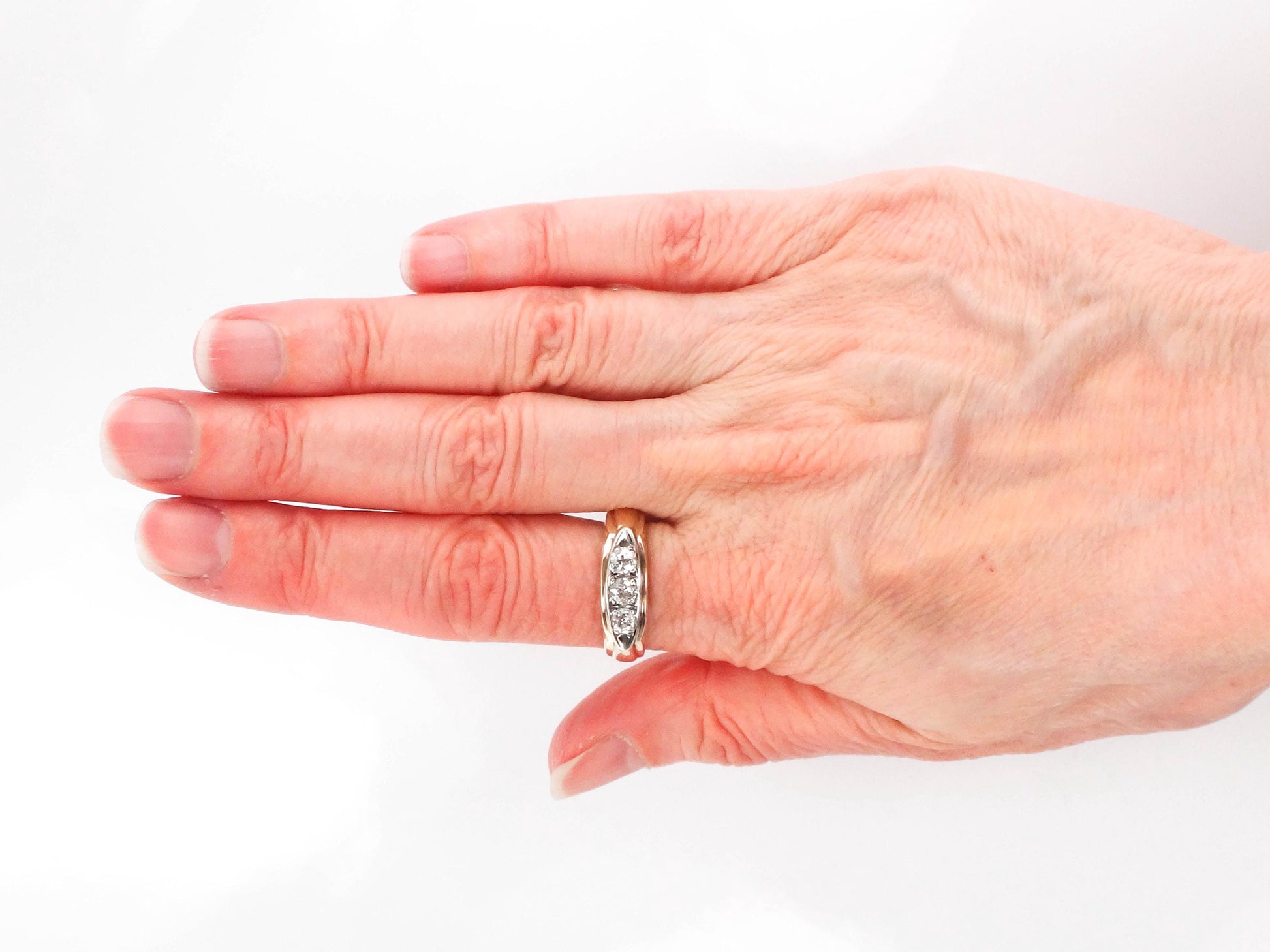 Vintage Art Deco 14k Gold Diamond Ring: Three Old Mine Cuts, 1930s, Size 8.75