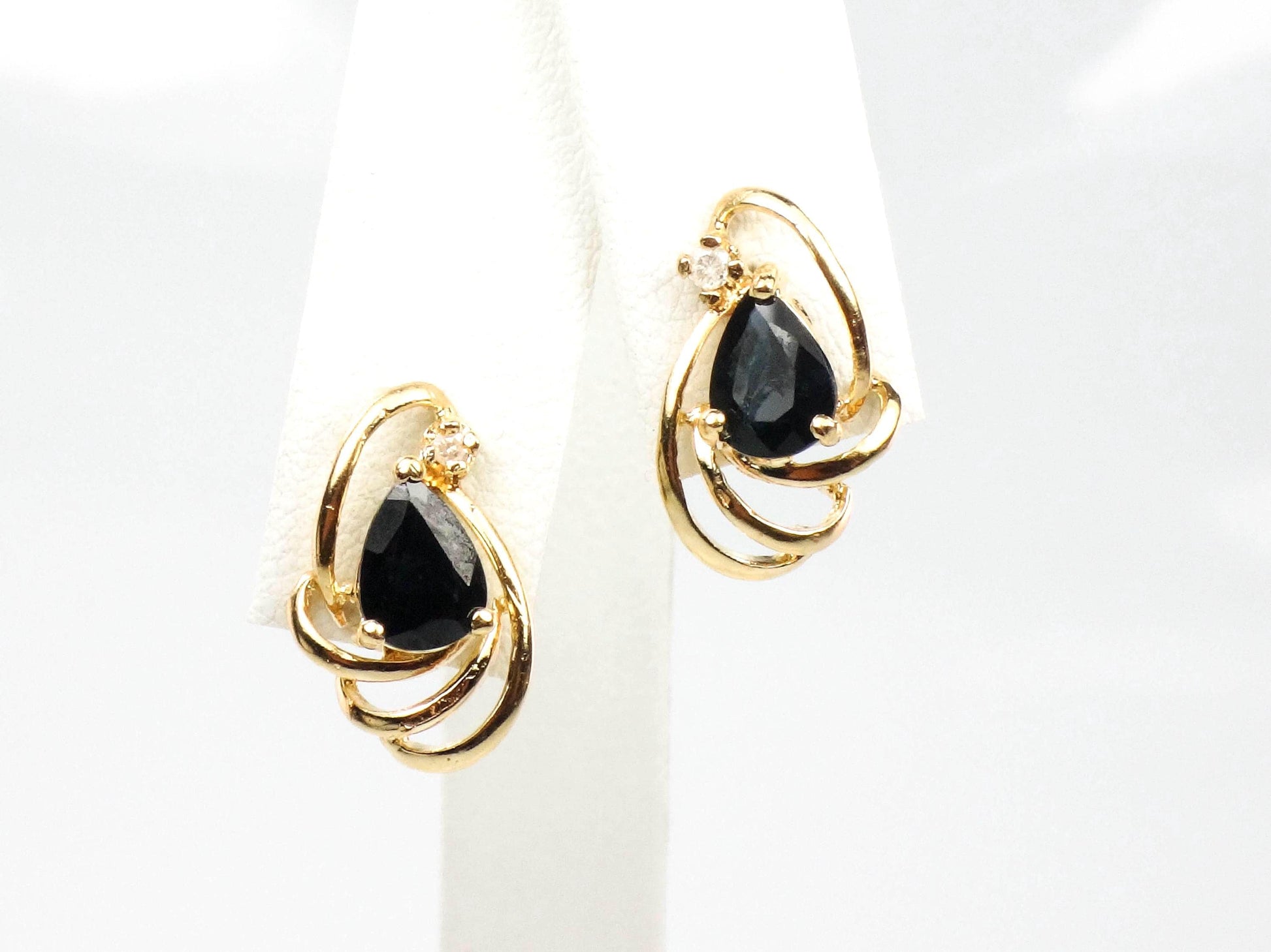 Vintage 14k Yellow Gold Sapphire Stud Earrings with Diamond Accents