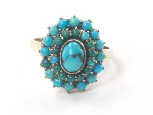 Vintage 10k Gold Turquoise Cluster Ring, Blue Green Turquoise Oval Dome Ring