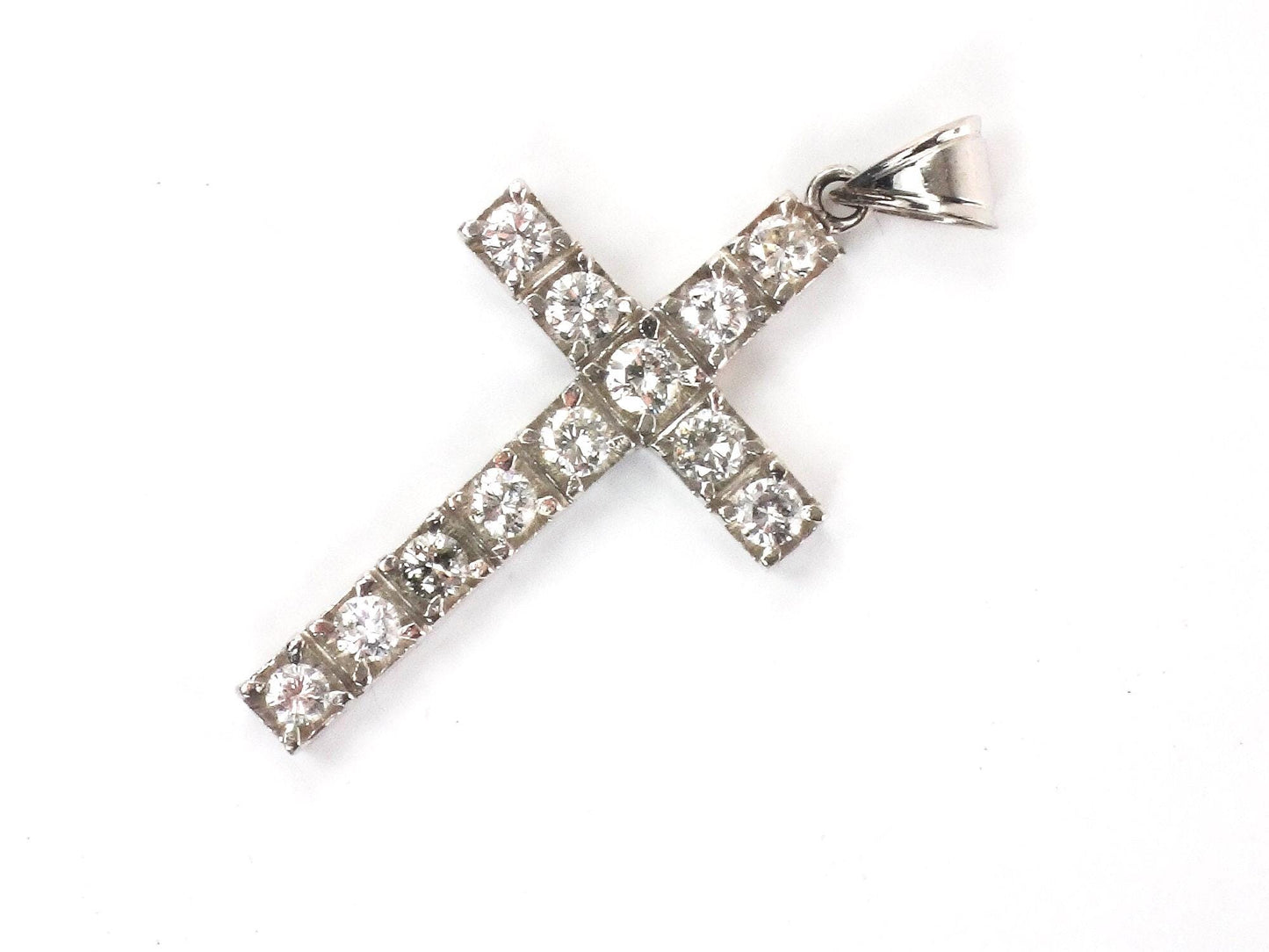 Vintage Large 14k White Gold Natural Diamond Cross Pendant, Approximately 1.2 CTS TDW Unisex Cross