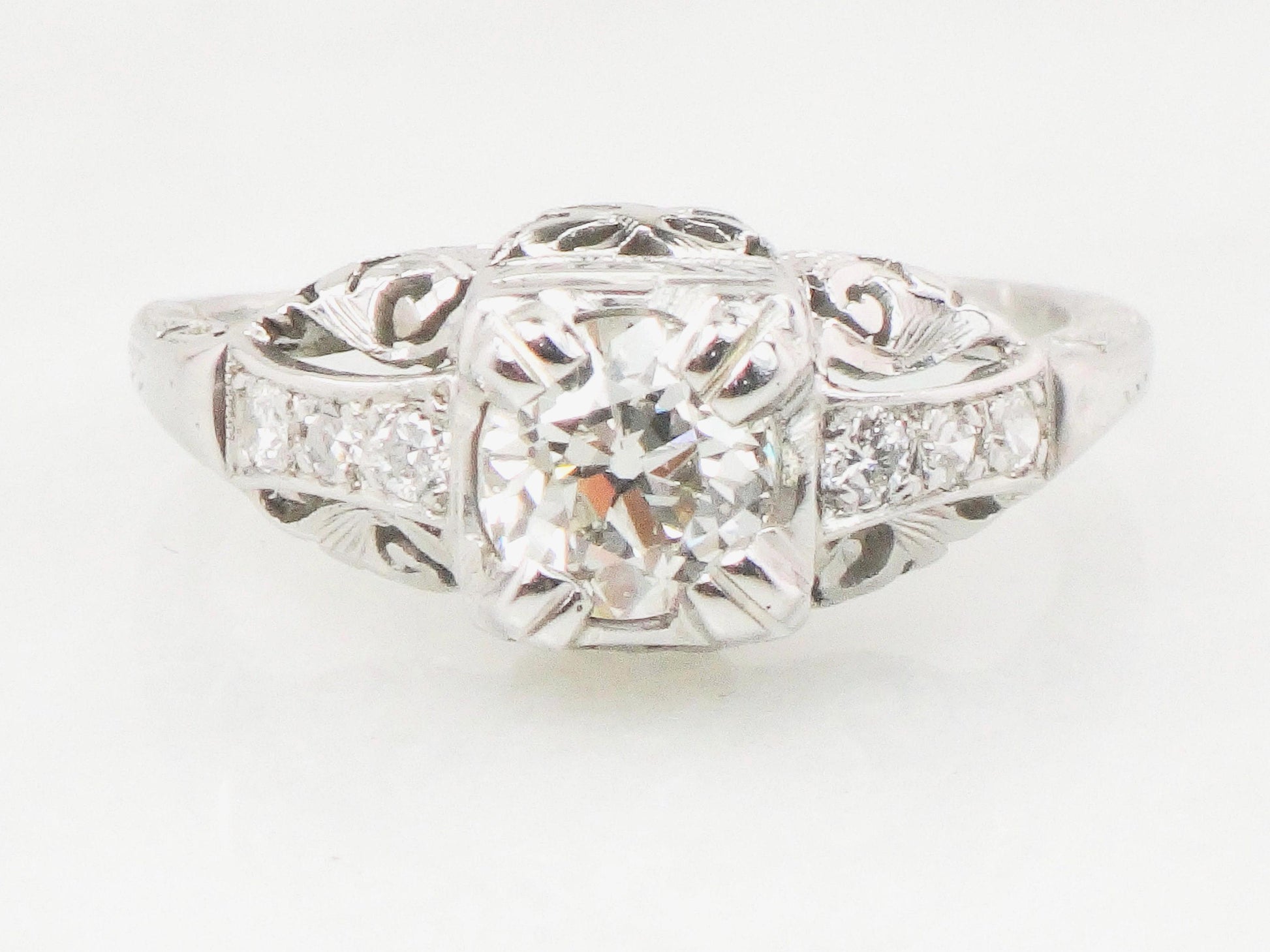 Art Deco Old European Cut Natural Diamond Engagement Ring Approx. .55 Carats - Antique 14k White Gold Diamond Ring