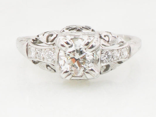 Art Deco Old European Cut Natural Diamond Engagement Ring Approx. .55 Carats - Antique 14k White Gold Diamond Ring