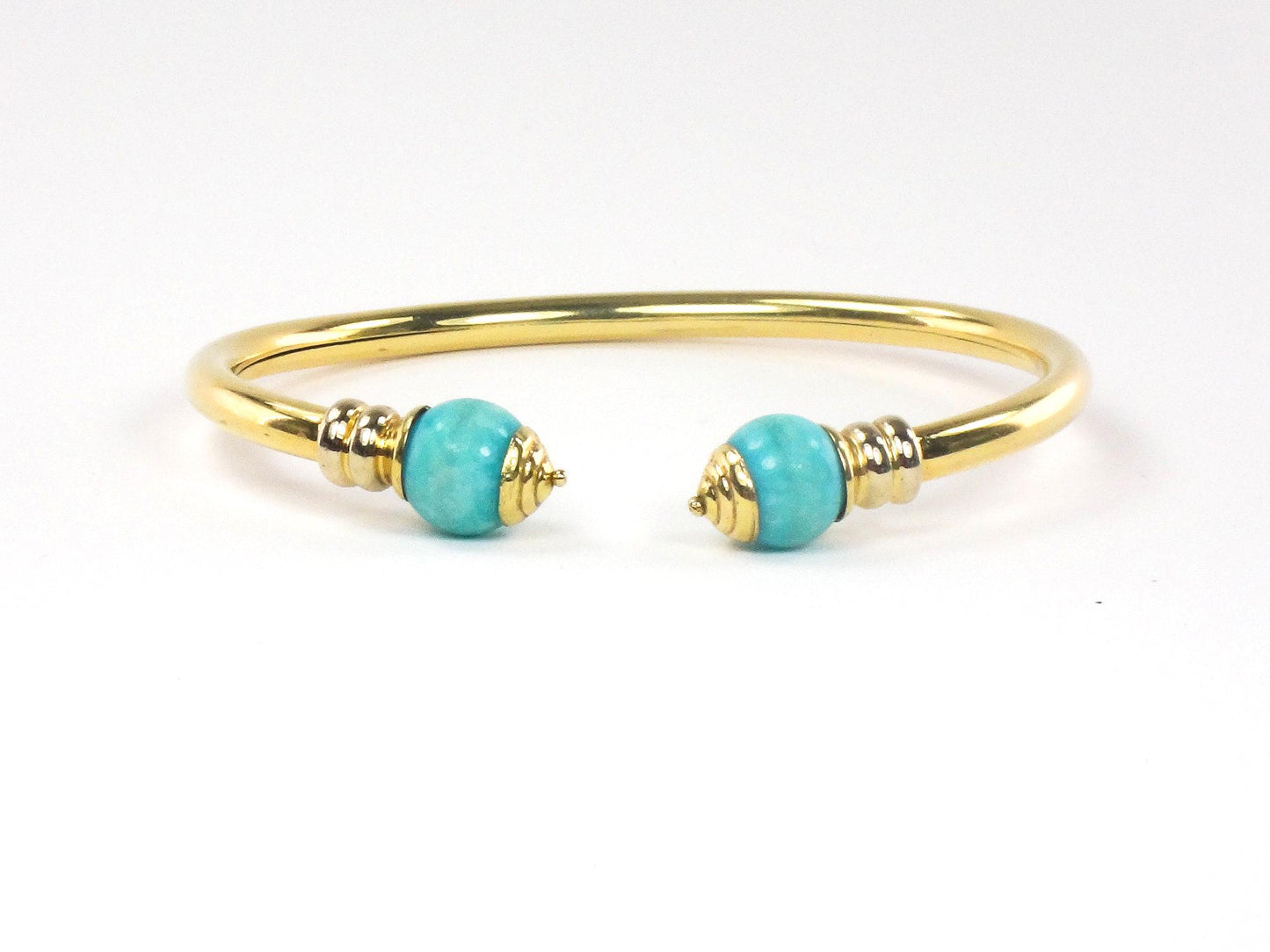 Vintage 18k Yellow Gold Turquoise Bangle Bracelet with Ball Ends Cuff Bracelet