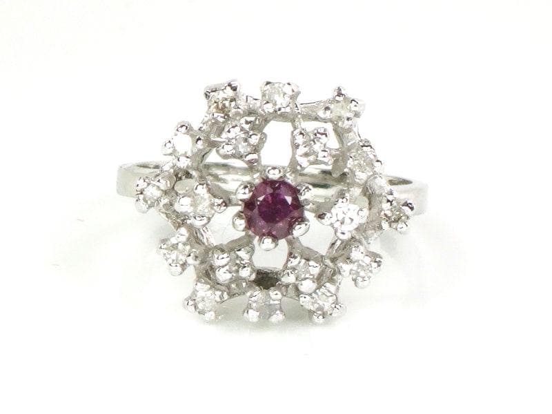 Vintage 14k White Gold Natural Ruby and Diamond Cluster Ring, Mid Century Modern Starburst Dome Cocktail Ring, Size 6.25