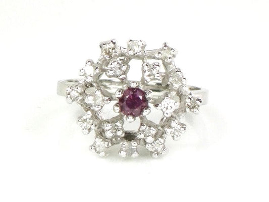 Vintage 14k White Gold Natural Ruby and Diamond Cluster Ring, Mid Century Modern Starburst Dome Cocktail Ring, Size 6.25