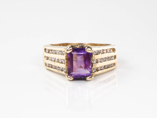 Vintage 14k Gold Natural Amethyst Ring with Diamonds - Purple February Birthstone Ring - Size 6 1/4
