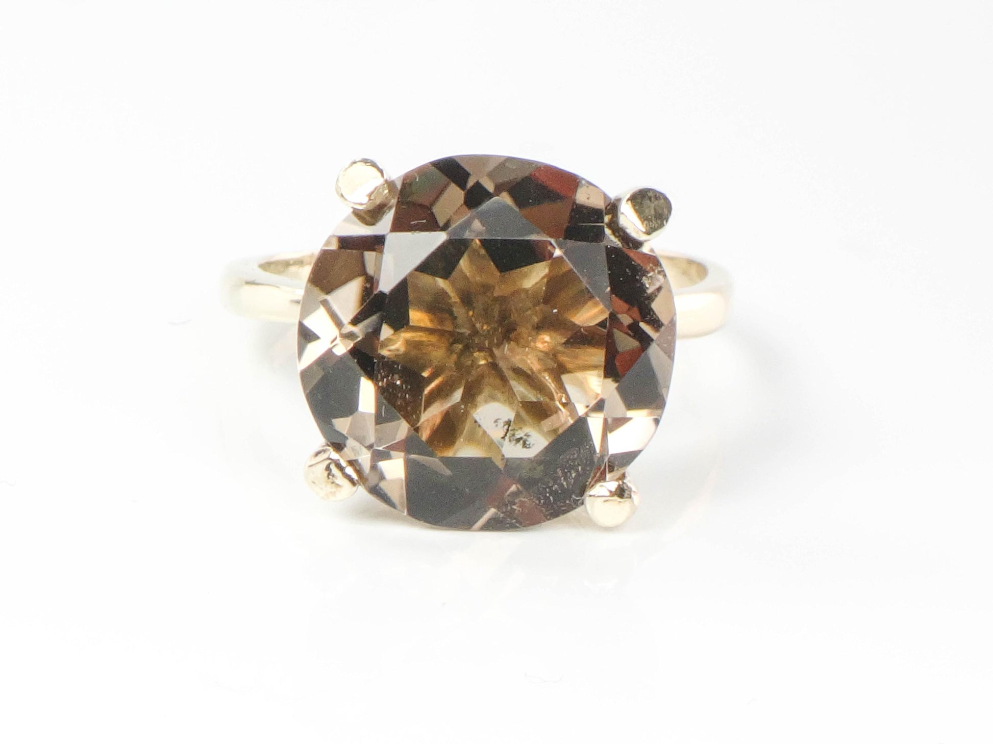 Vintage 14k Yellow Gold Smoky Quartz Ring - 1970s Statement Ring, Size 8