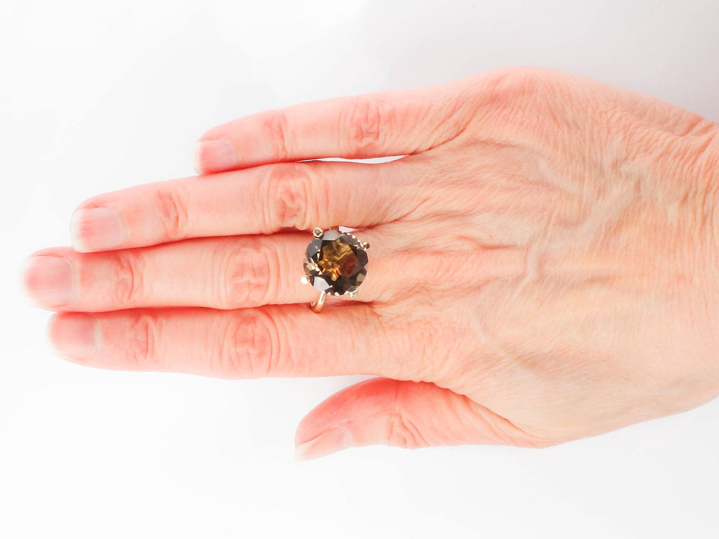 Vintage 14k Yellow Gold Smoky Quartz Ring - 1970s Statement Ring, Size 8