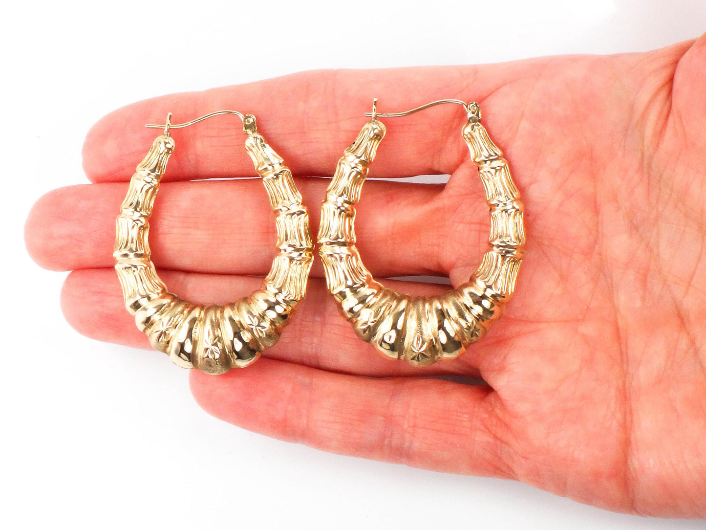 Vintage Large 10k Yellow Gold Oval Hoop Earrings, 1.7" Long
