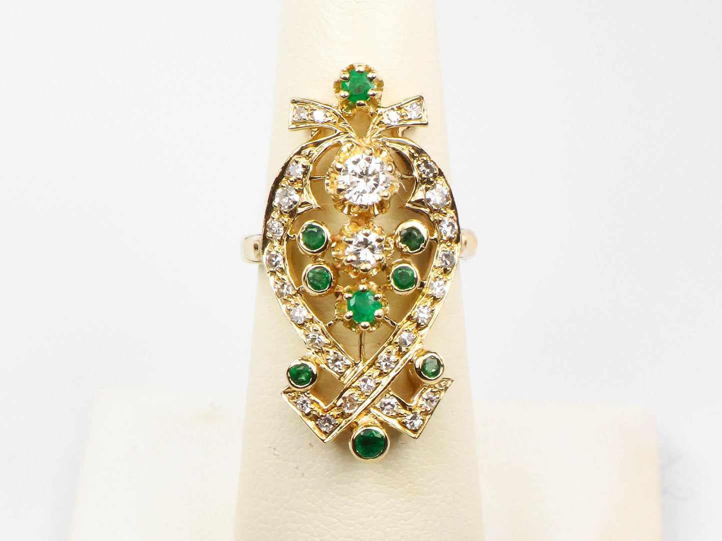 Vintage 14k Yellow Gold Natural Emerald and Diamond Dinner Ring, Cocktail Ring, Size 6