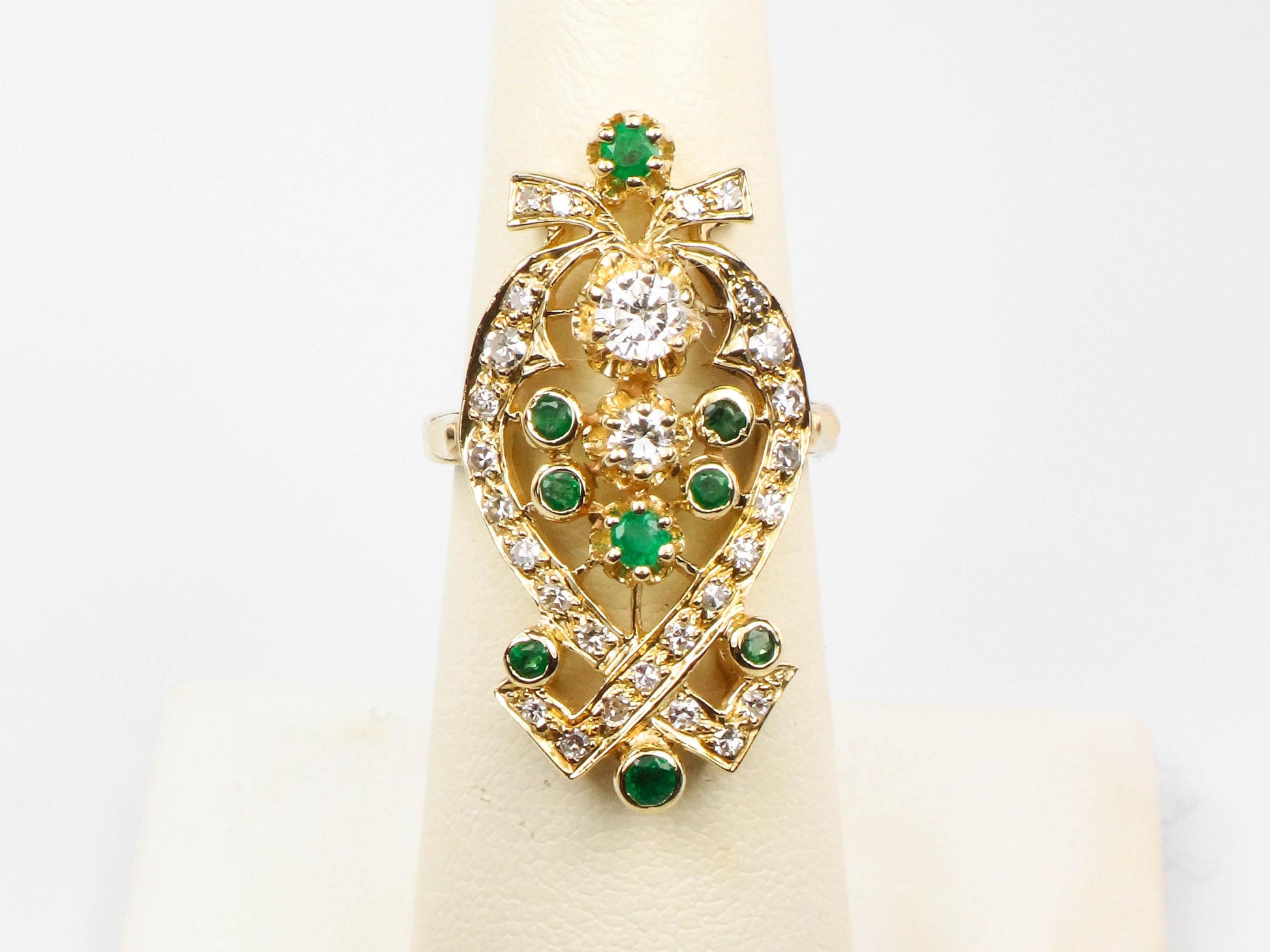 Vintage 14k Yellow Gold Natural Emerald and Diamond Dinner Ring, Cocktail Ring, Size 6