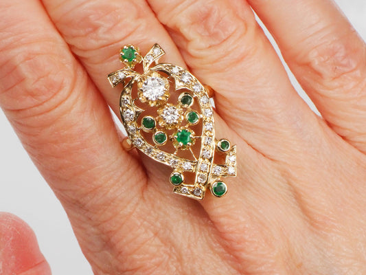 Vintage 14k Yellow Gold Natural Emerald and Diamond Dinner Ring, Cocktail Ring, Size 6