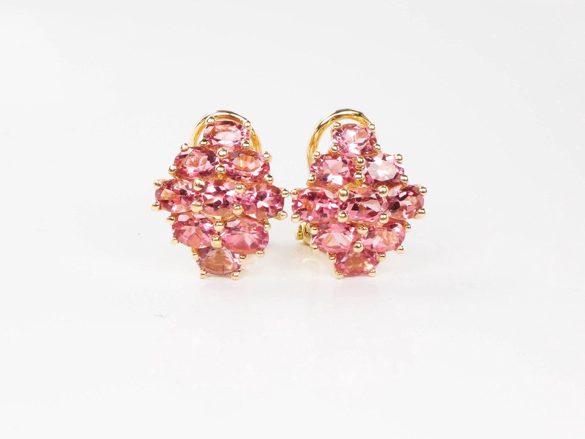 Vintage 14k Yellow Gold Pink Tourmaline Cluster Earrings - Omega Back Pink Stone Earrings - October Birthstone