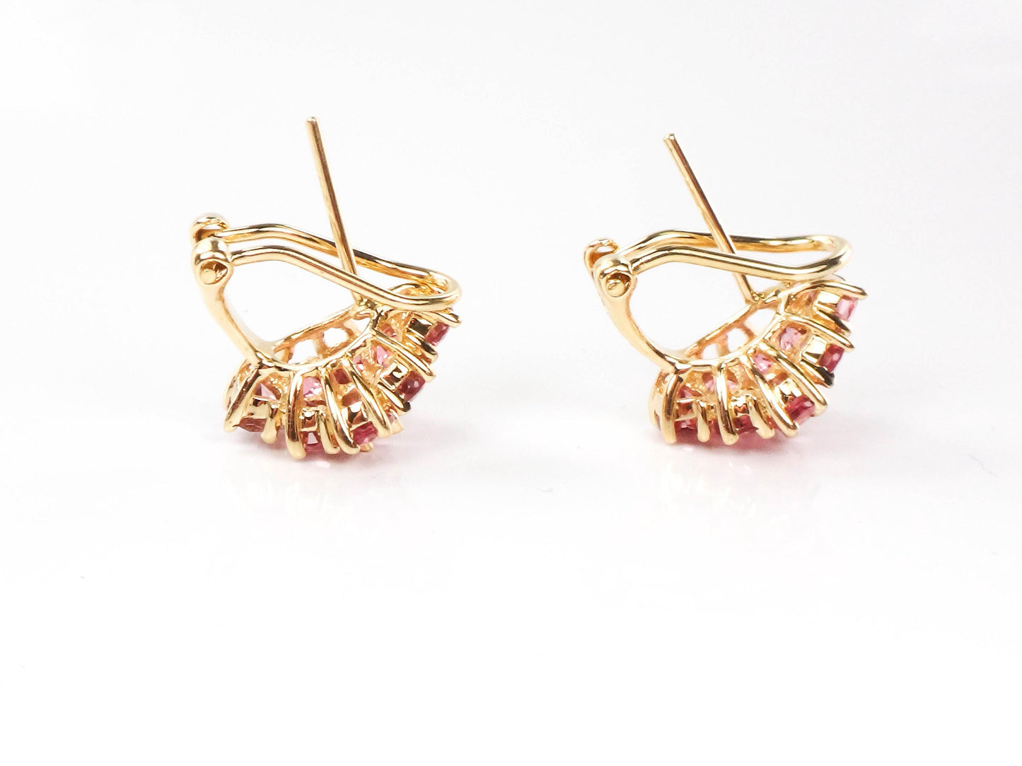 Vintage 14k Yellow Gold Pink Tourmaline Cluster Earrings - Omega Back Pink Stone Earrings - October Birthstone