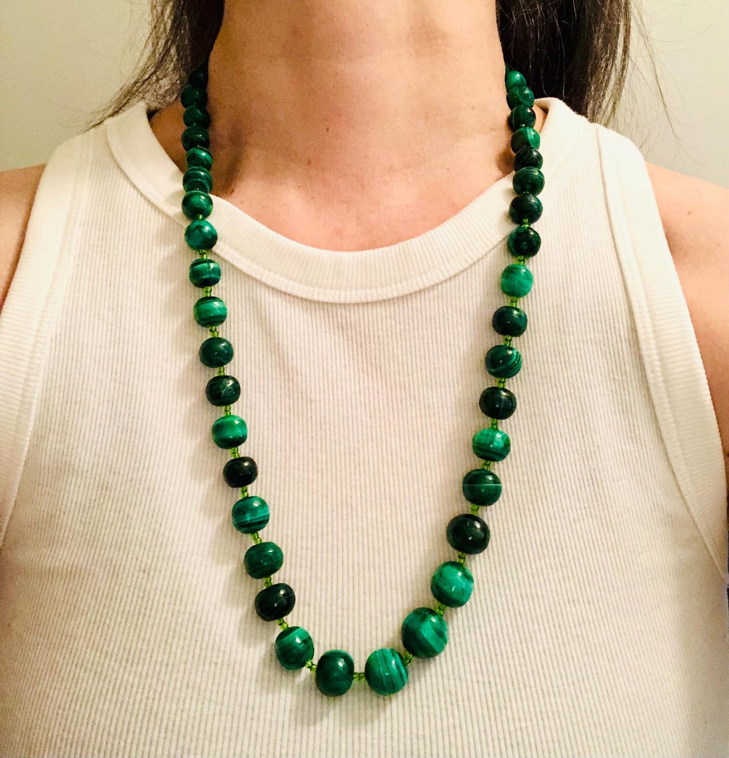 Vintage Natural Malachite Bead Necklace, Tapered Green Stone Necklace, 26"