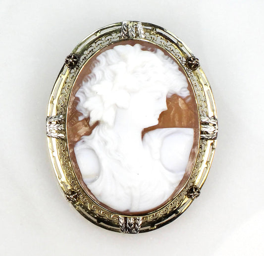 Vintage Art Deco 10k Gold Cameo Pendant Pin Goddess with Grape Leaves in Hair, Filigree Shell Cameo Pin Pendant Circa 1930's