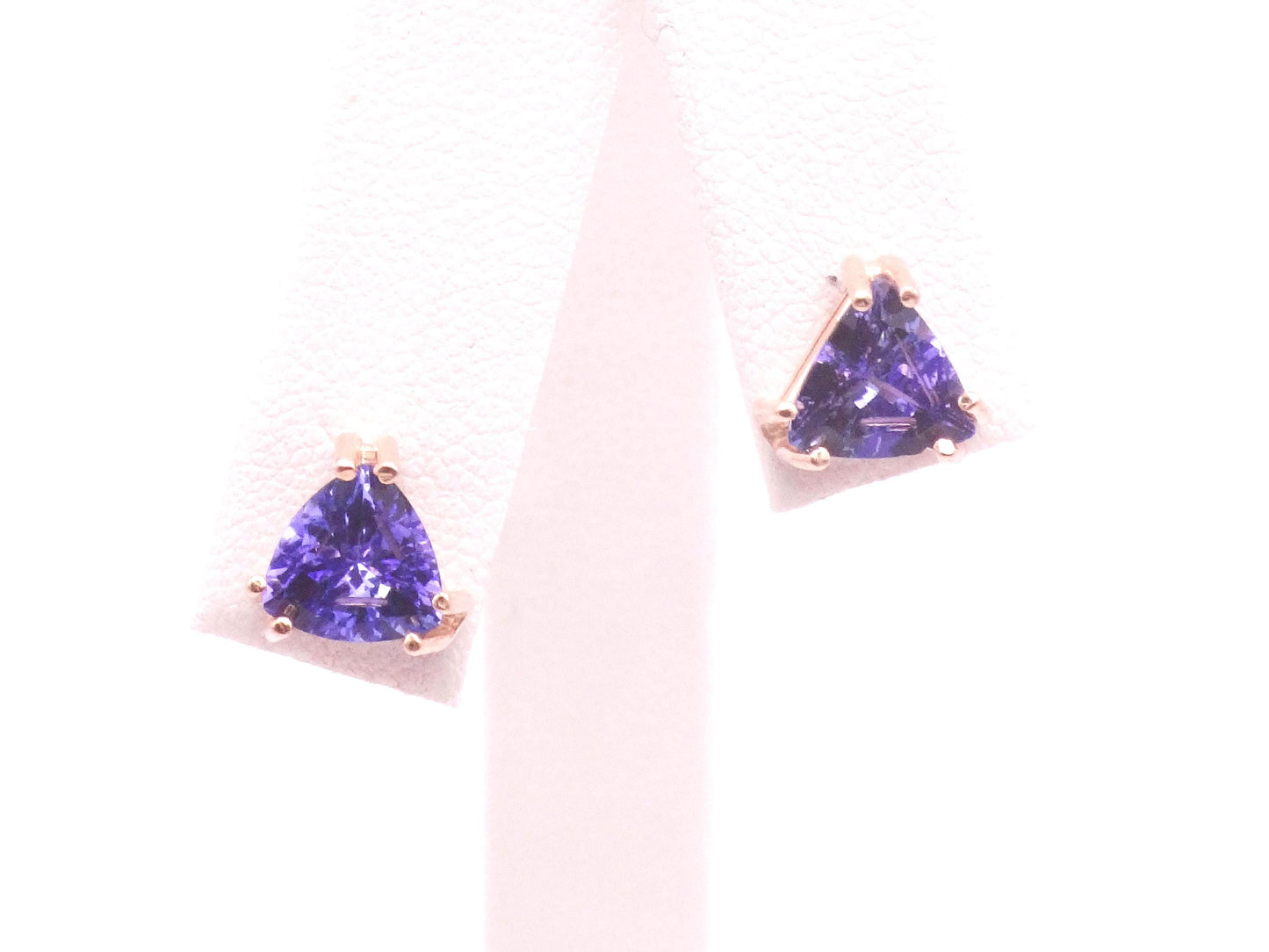 Vintage 14k Yellow Gold Tanzanite Stud Earrings, Triangle Shaped Purple Blue Studs