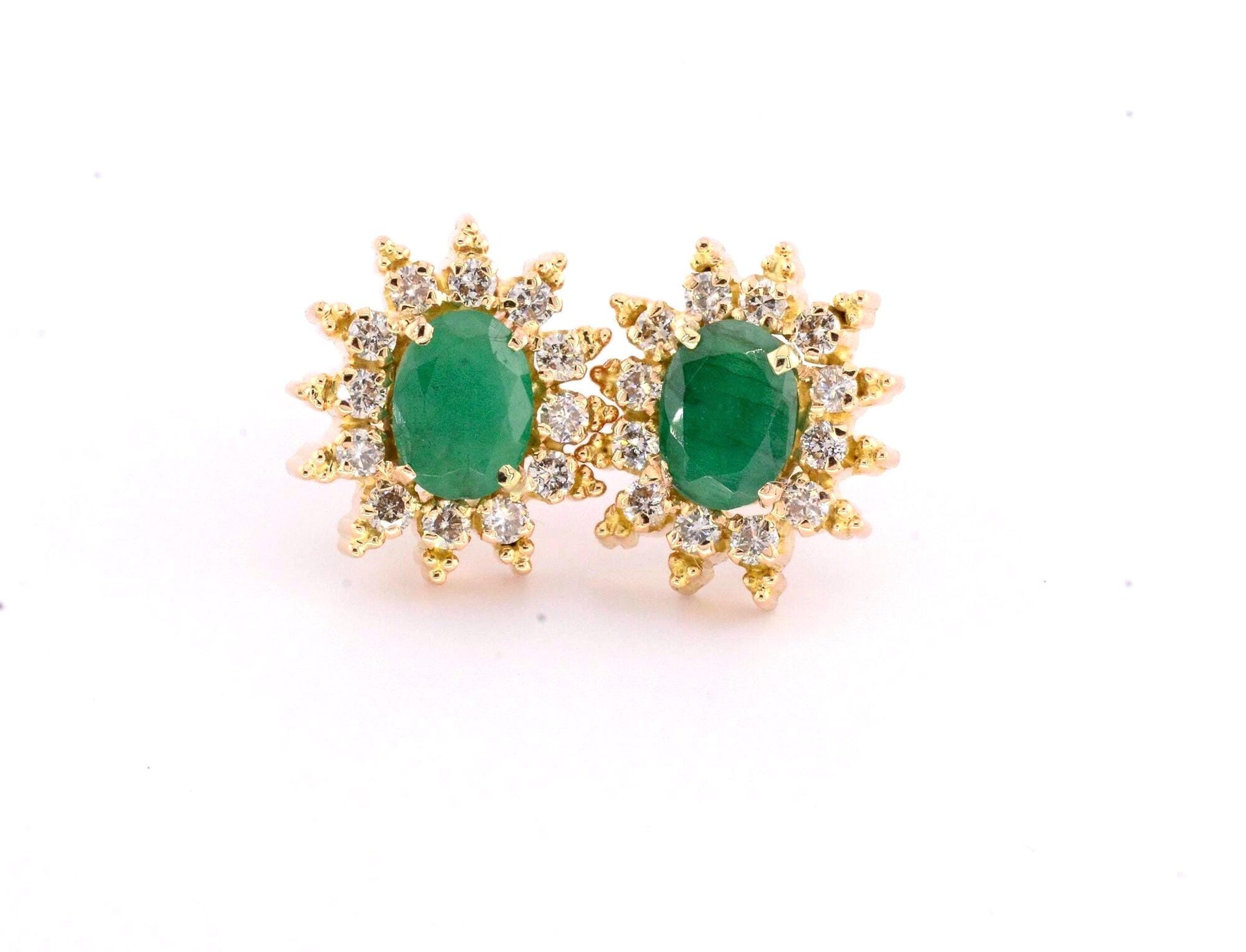 Vintage 18k Gold Emerald Diamond Halo Stud Earrings
