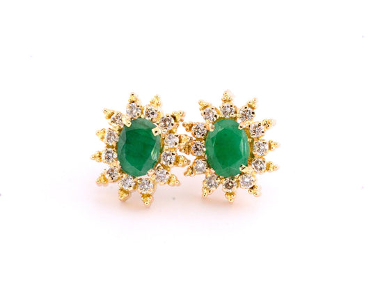 Vintage 18k Yellow Gold Natural Emerald Diamond Halo Earrings, Green Stone Stud Earrings with Screw Back Post