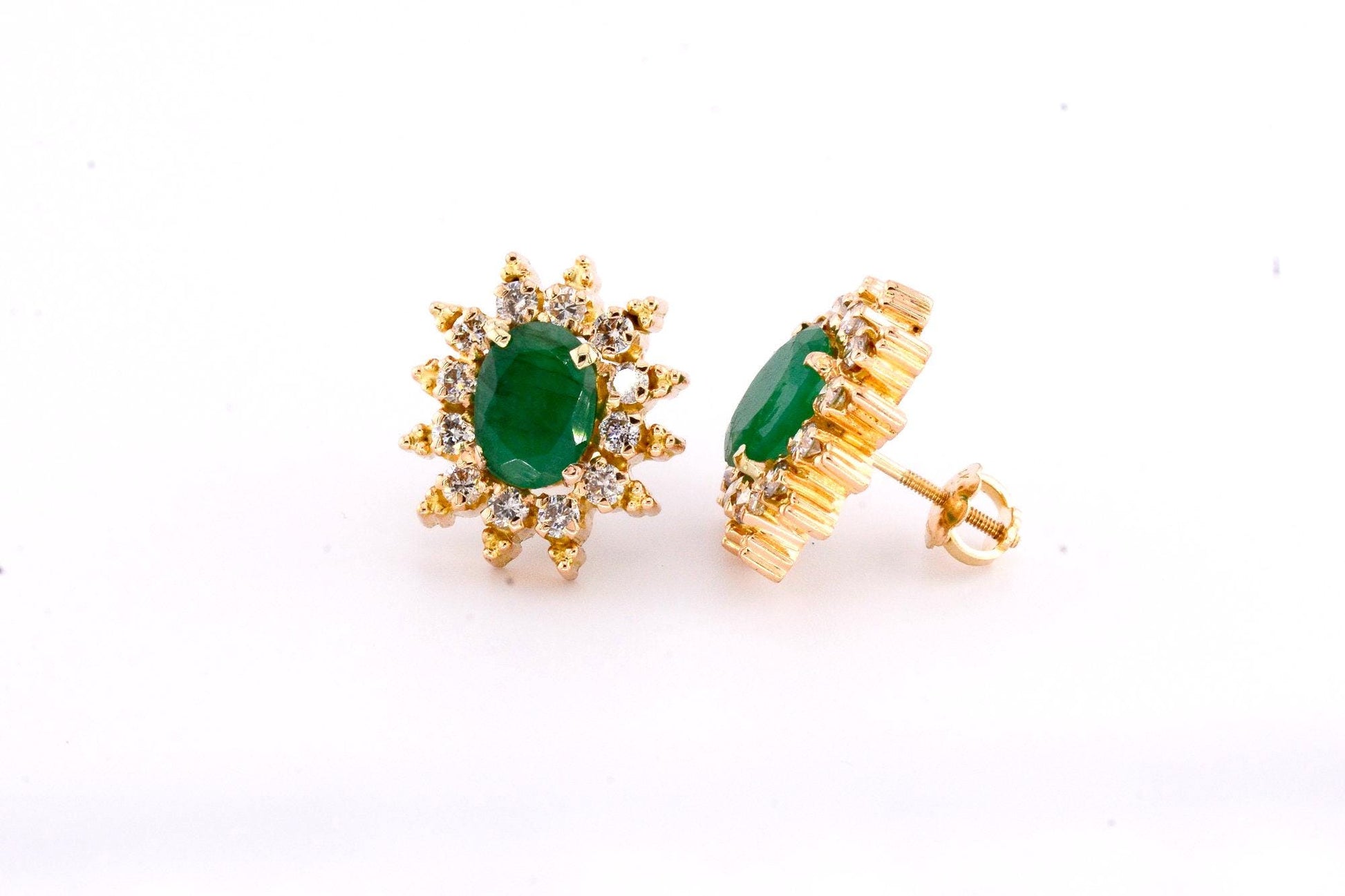 Vintage 18k Gold Emerald Diamond Halo Stud Earrings