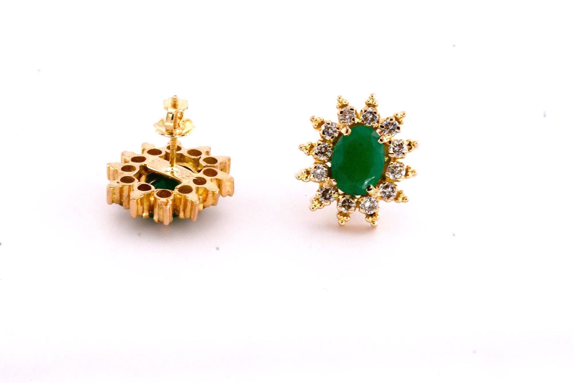 Vintage 18k Gold Emerald Diamond Halo Stud Earrings
