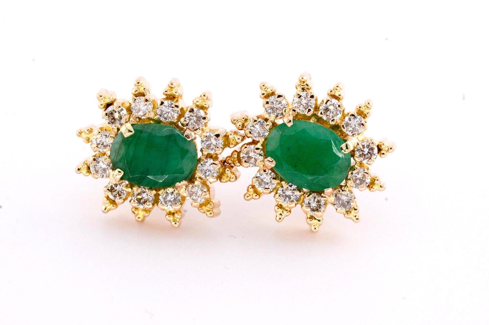 Vintage 18k Gold Emerald Diamond Halo Stud Earrings