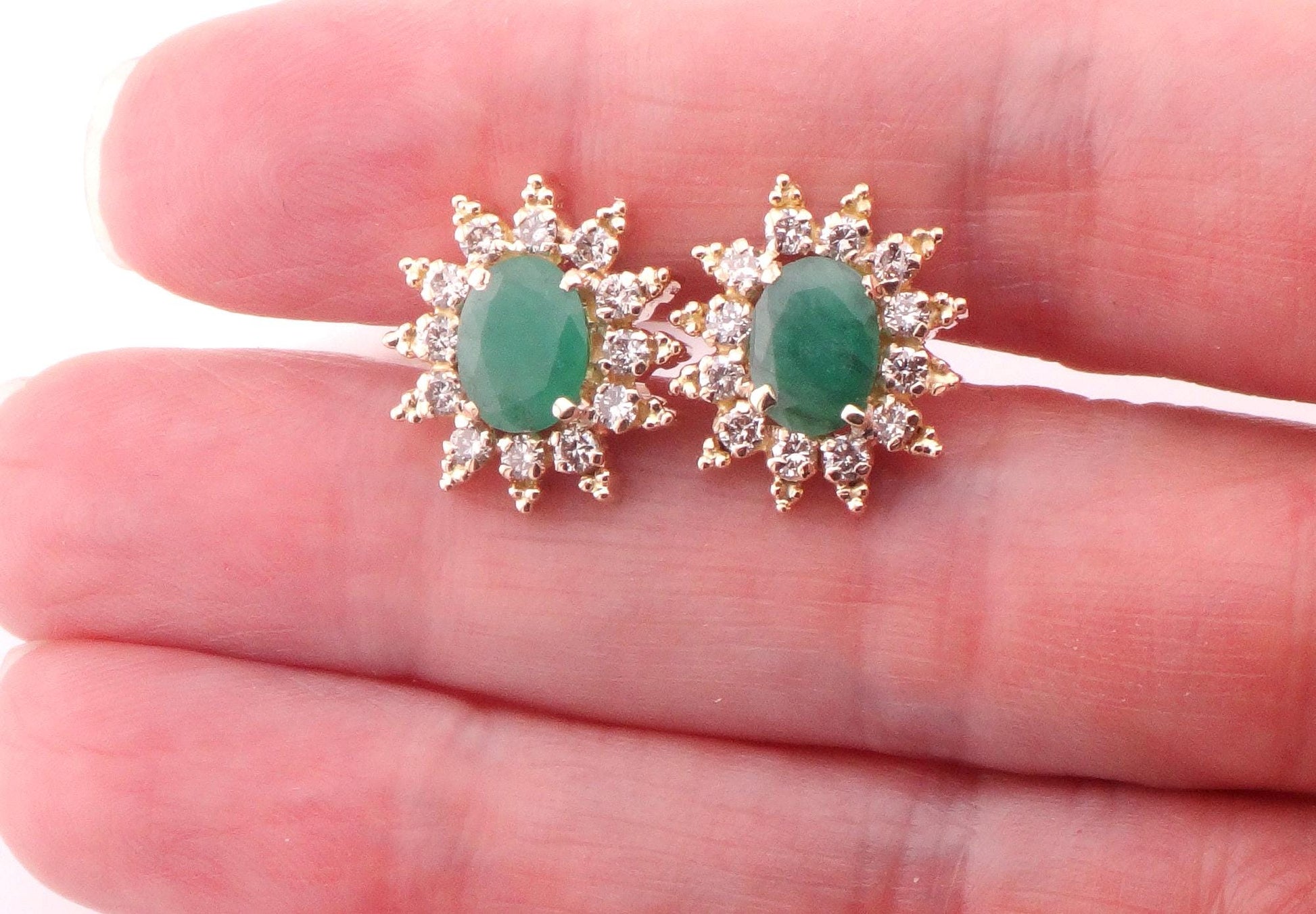 Vintage 18k Gold Emerald Diamond Halo Stud Earrings
