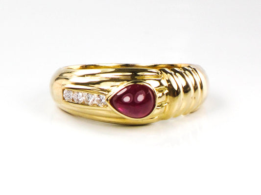 Vintage 18k Yellow Gold Natural Ruby and Diamond Ring, Cabachon July Birthstone Ring, Size 6