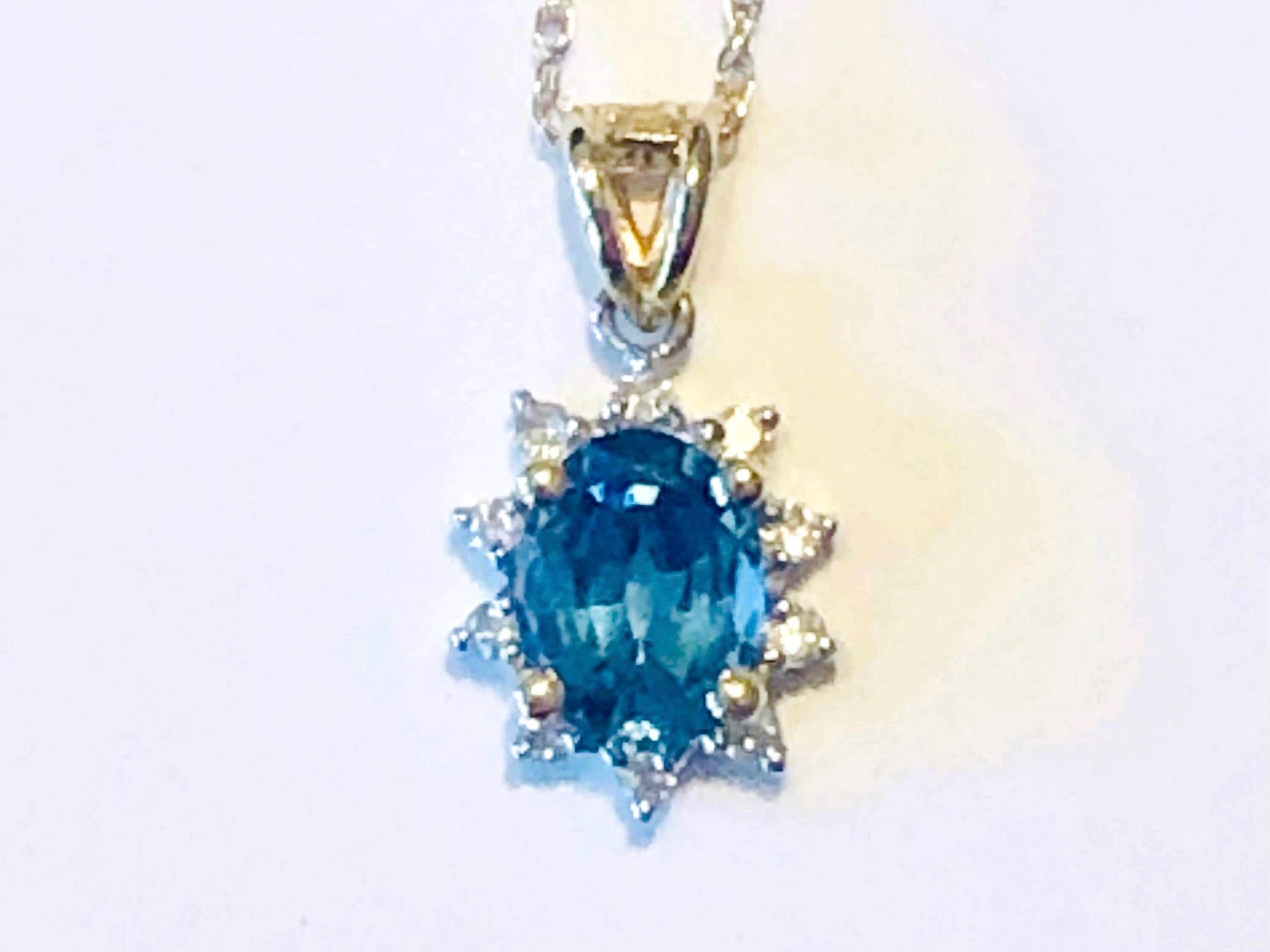 Vintage 14k Blue Topaz and Diamond Necklace, Oval Cut Topaz Pendant, December Birthstone