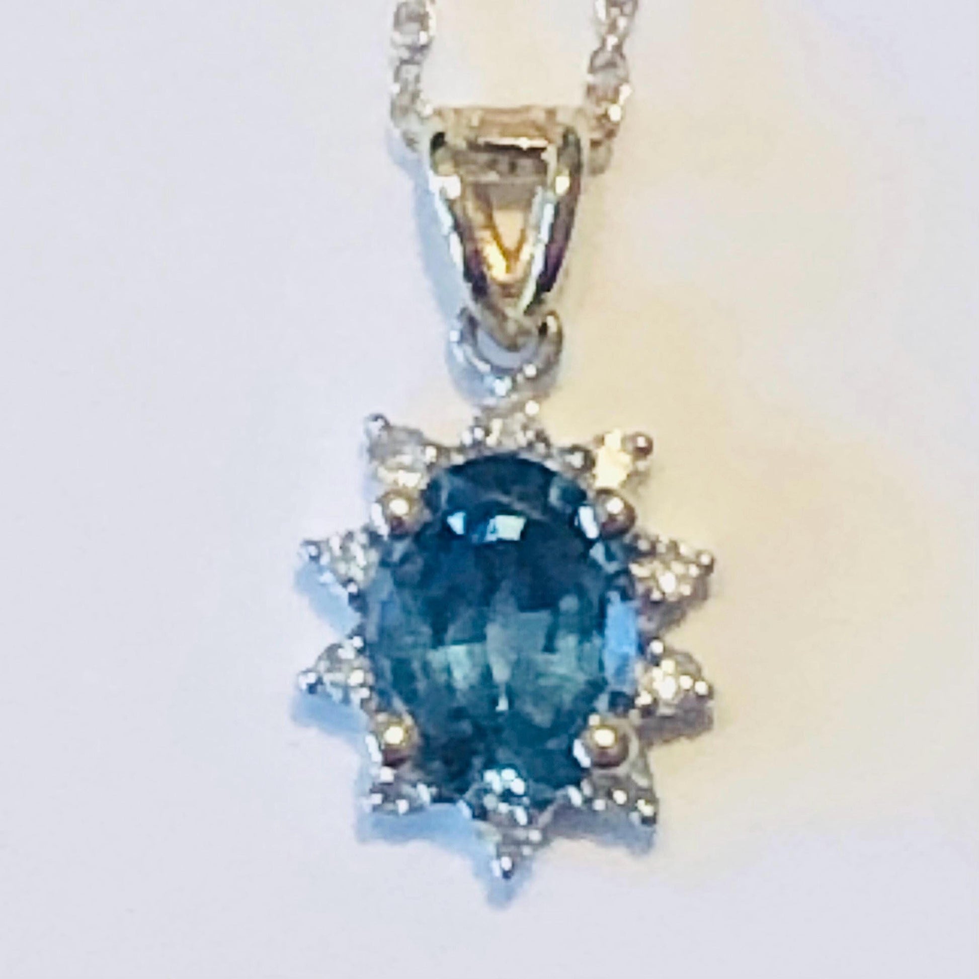Vintage 14k Blue Topaz and Diamond Necklace, Oval Cut Topaz Pendant, December Birthstone