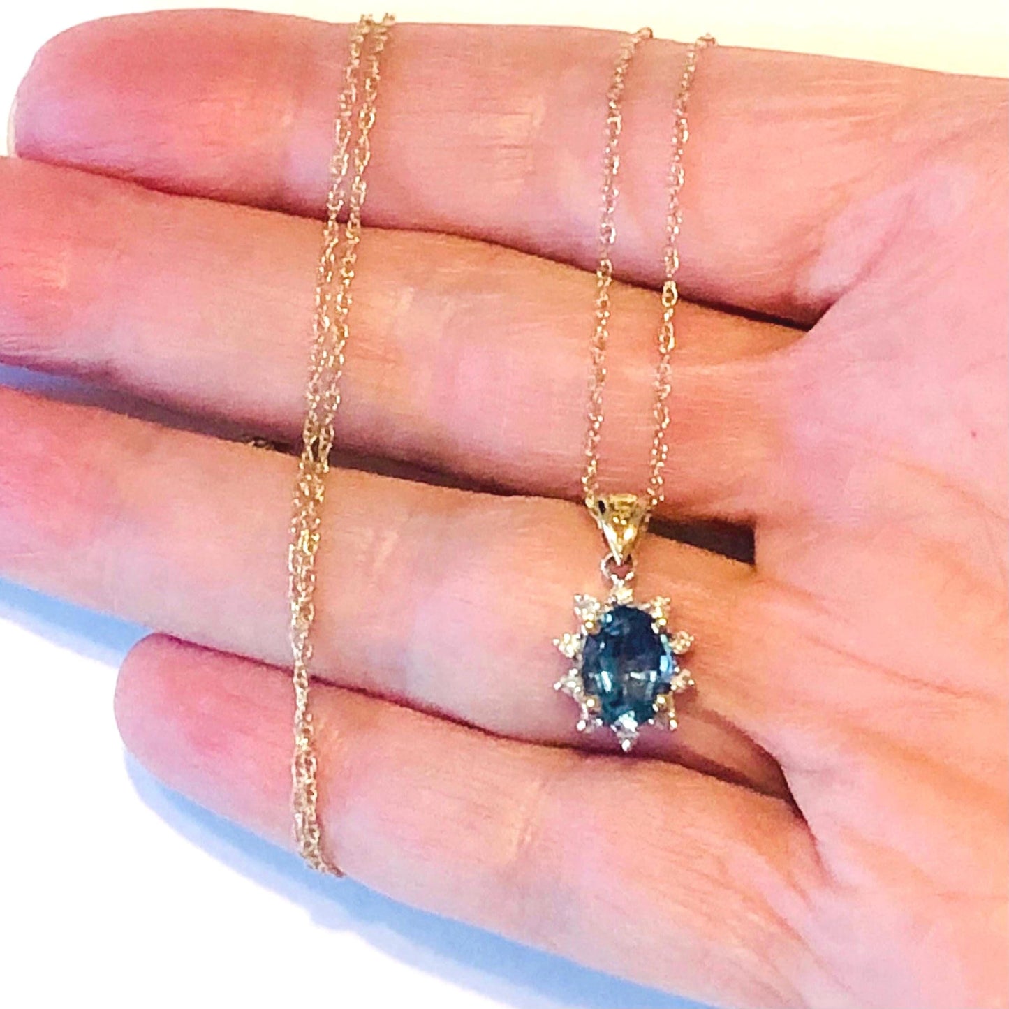 Vintage 14k Blue Topaz and Diamond Necklace, Oval Cut Topaz Pendant, December Birthstone