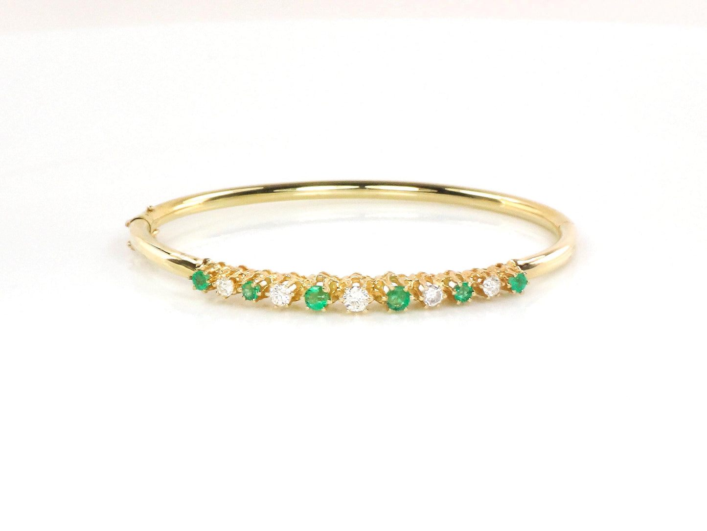 Vintage 14k Yellow Gold Natural Emerald and Diamond Bangle Bracelet - Bridal Bracelet - Small Size 6.75" - May Birthstone Bracelet