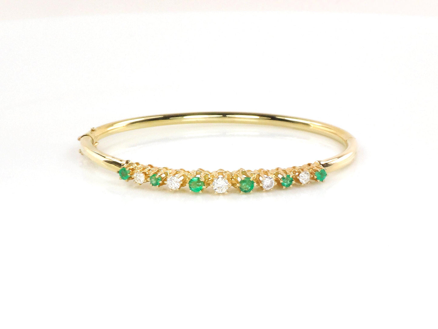 Vintage 14k Yellow Gold Natural Emerald and Diamond Bangle Bracelet - Bridal Bracelet - Small Size 6.75" - May Birthstone Bracelet