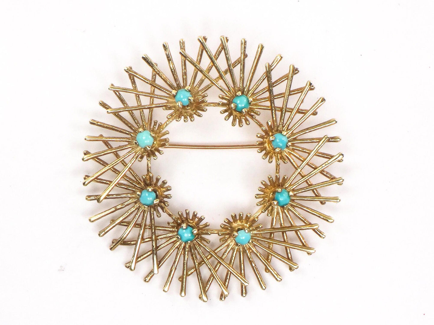 Large Solid 14k Yellow Gold Turquoise Circle Pin Vintage Mid-Century Gold Starburst Brooch