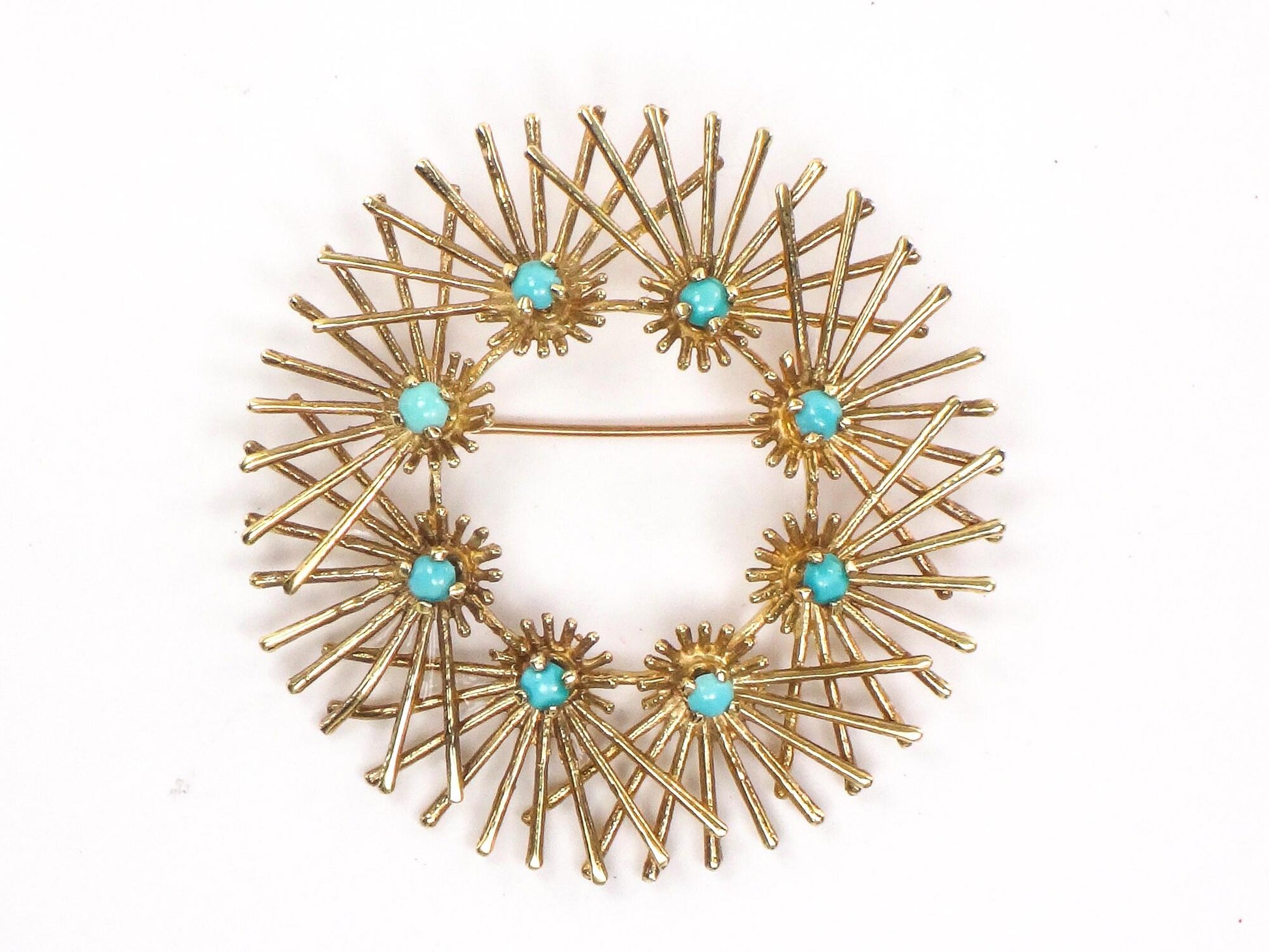 Large Solid 14k Yellow Gold Turquoise Circle Pin Vintage Mid-Century Gold Starburst Brooch