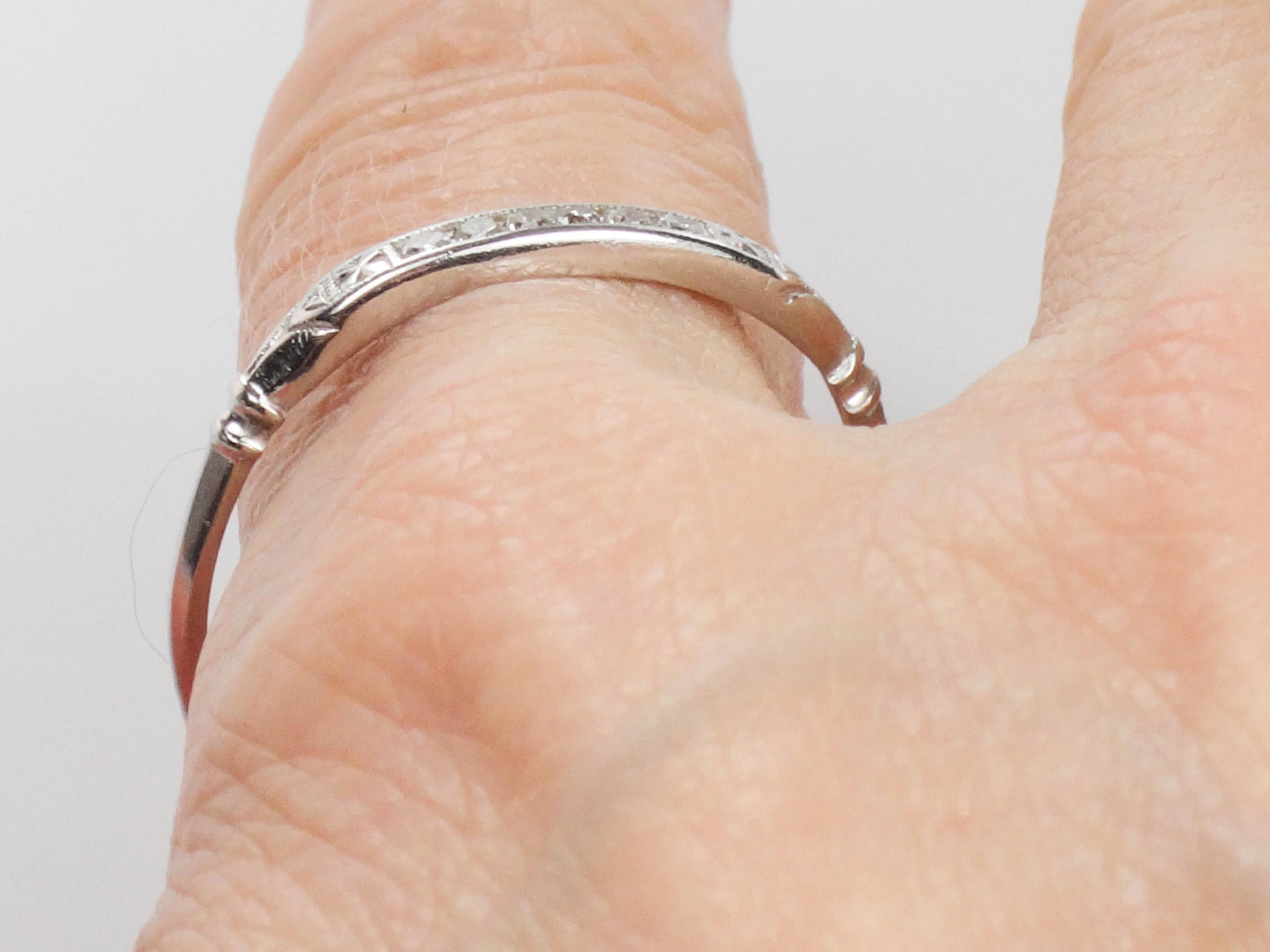 Vintage Platinum Diamond Wedding Band - 1930s Thin Stacking Ring Size 11.75