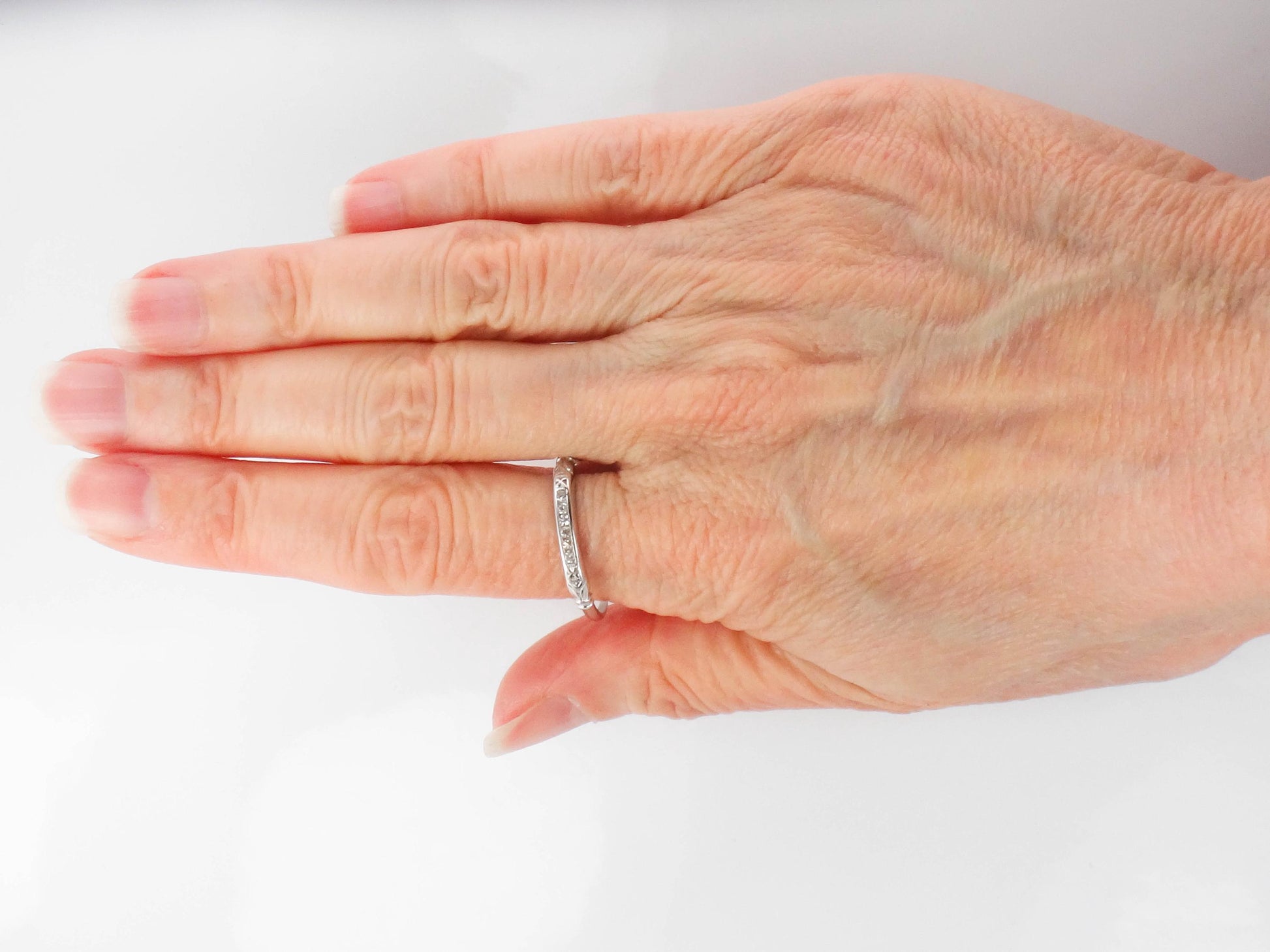 Vintage Platinum Diamond Wedding Band - 1930s Thin Stacking Ring Size 11.75