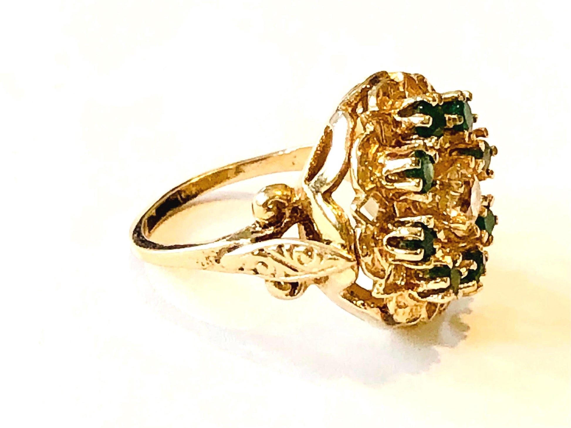 Vintage Yellow Gold Natural Old Mine Cut Diamond and Emerald Halo Cocktail Ring