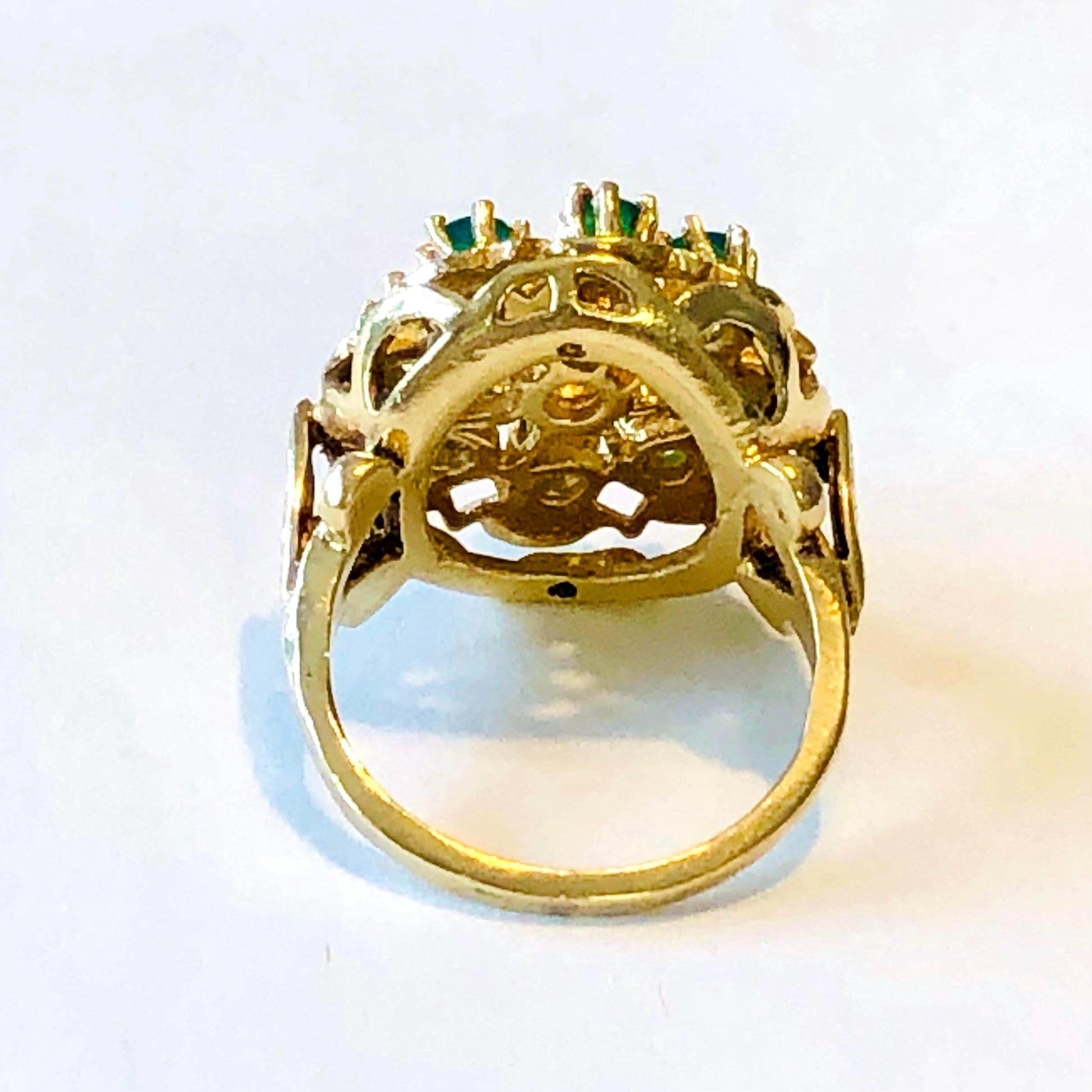 Vintage Yellow Gold Natural Old Mine Cut Diamond and Emerald Halo Cocktail Ring
