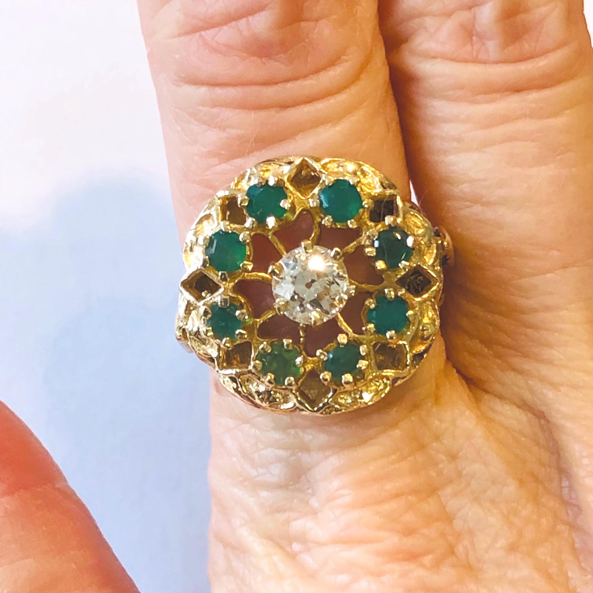 Vintage Yellow Gold Natural Old Mine Cut Diamond and Emerald Halo Cocktail Ring