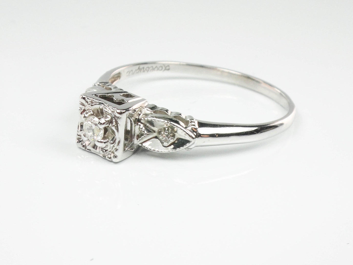 Vintage 14k White Gold Round Natural Diamond Engagement Ring, Size 10
