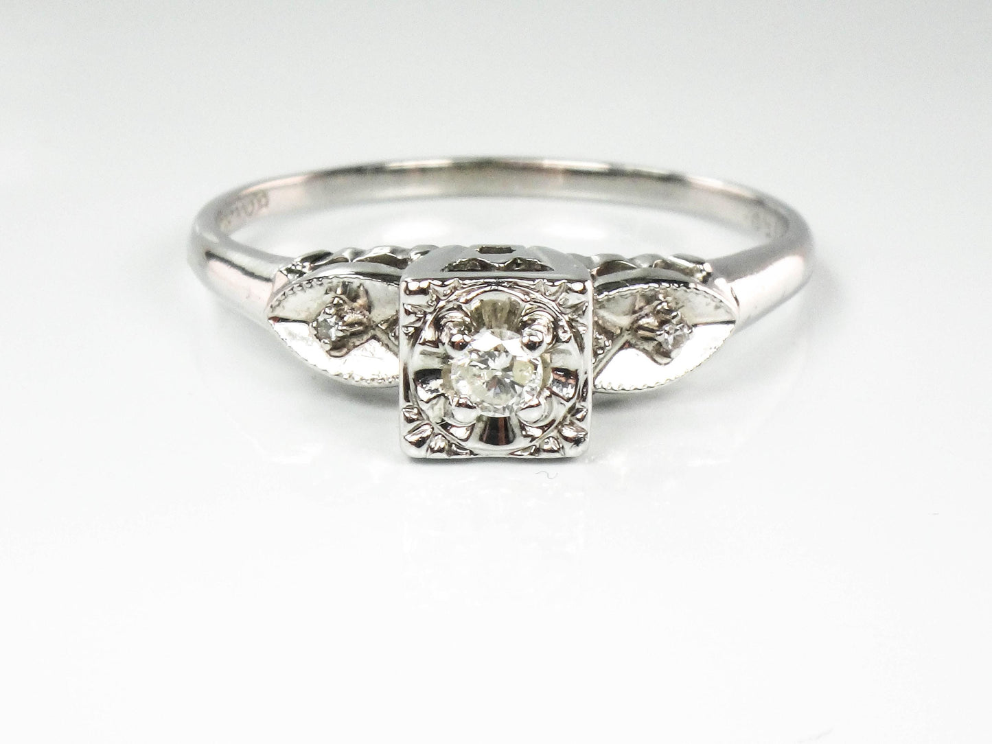 Vintage 14k White Gold Round Natural Diamond Engagement Ring, Size 10
