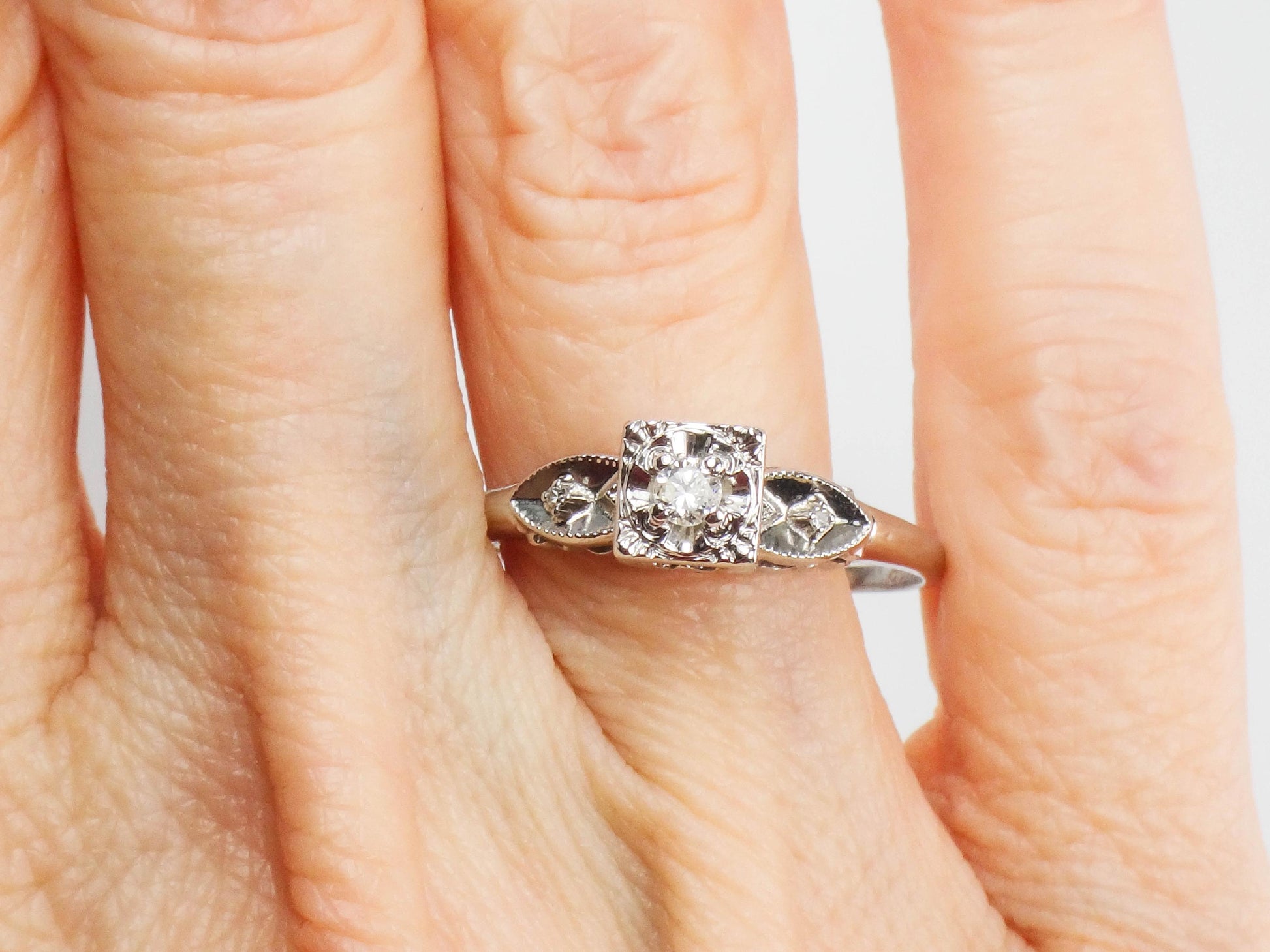 Vintage 14k White Gold Round Natural Diamond Engagement Ring, Size 10