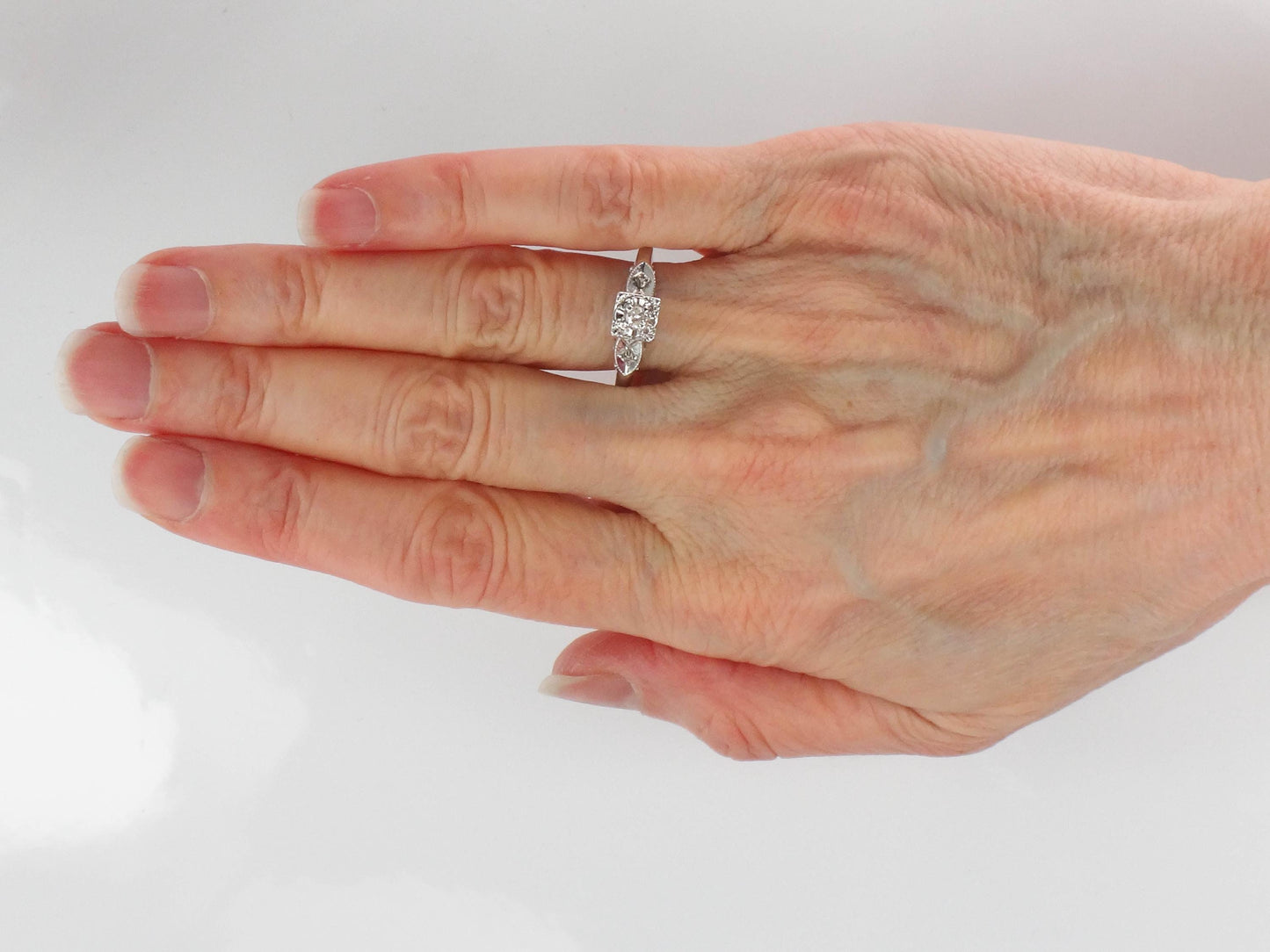 Vintage 14k White Gold Round Natural Diamond Engagement Ring, Size 10